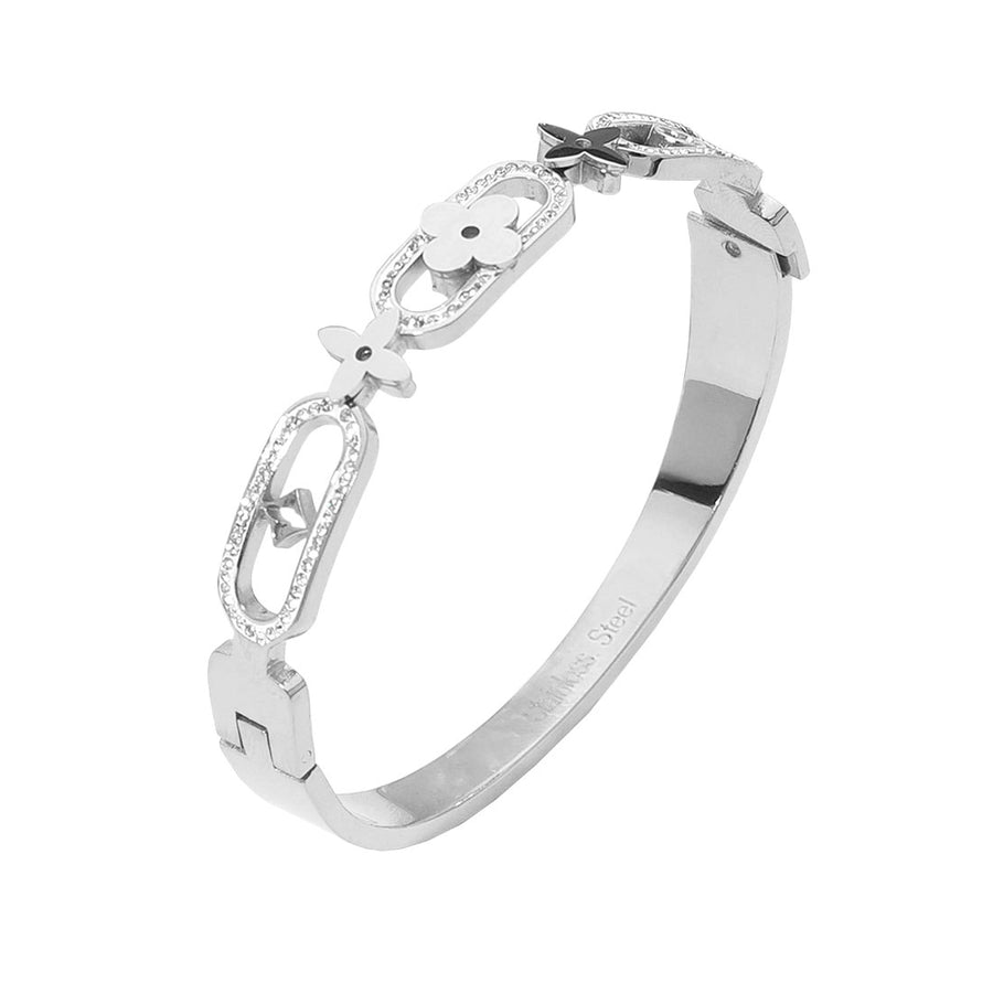 Gold Geometric Clover Motif Stone Paved Link Bangle Bracelet