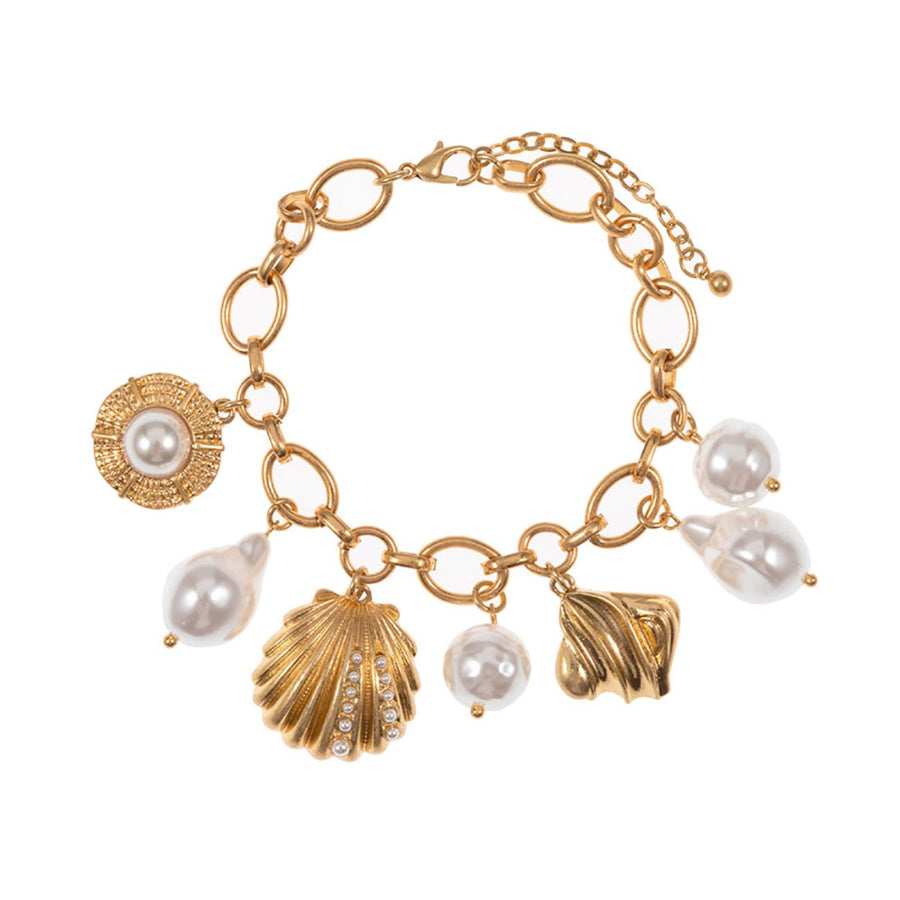 Gold Pearl Seashell Metal Chain Charm Bracelet
