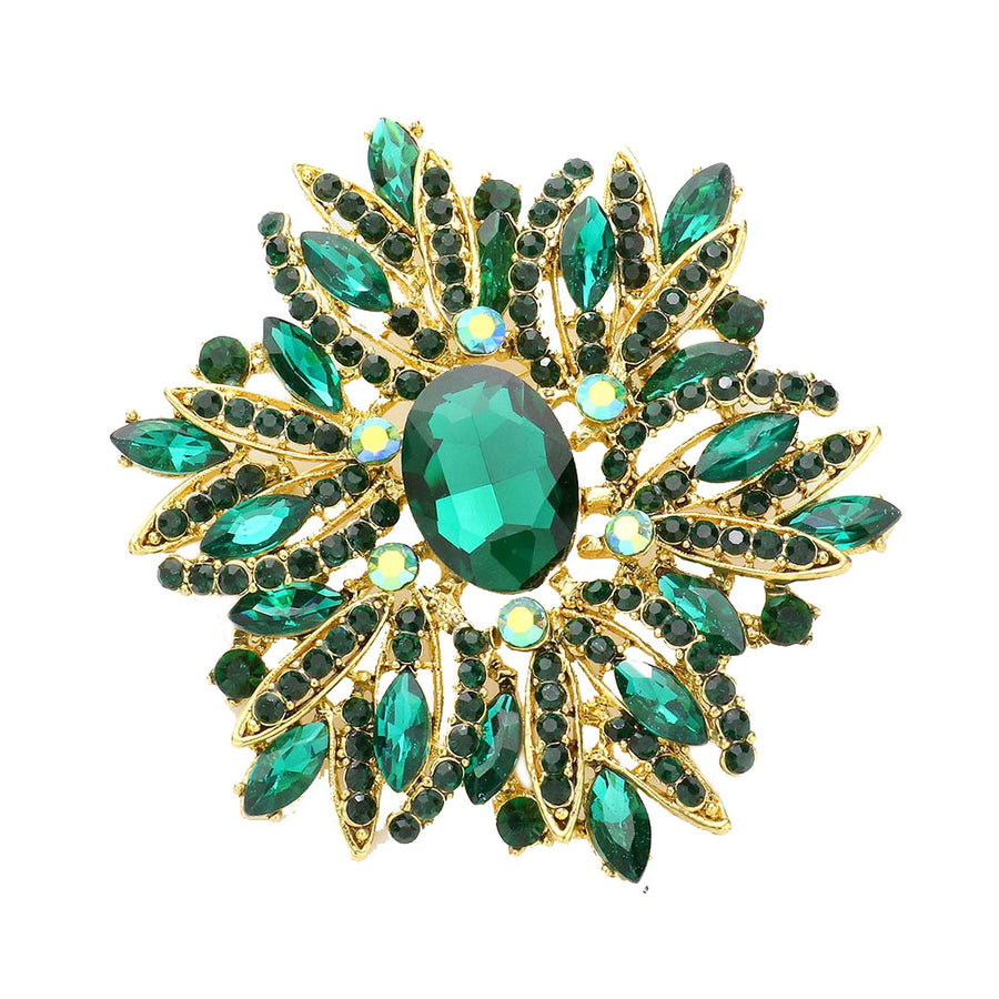 Emerald Glass Crystal Flower Brooch