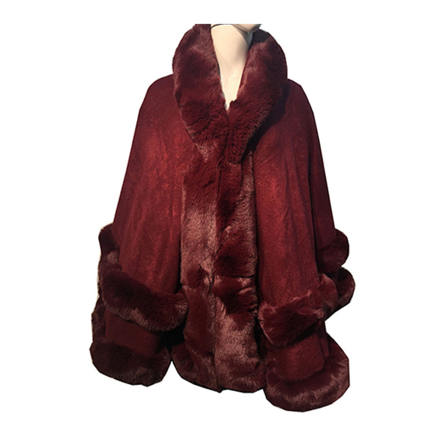 Luxurious Burgundy Faux Fur Trim Cape Wrap