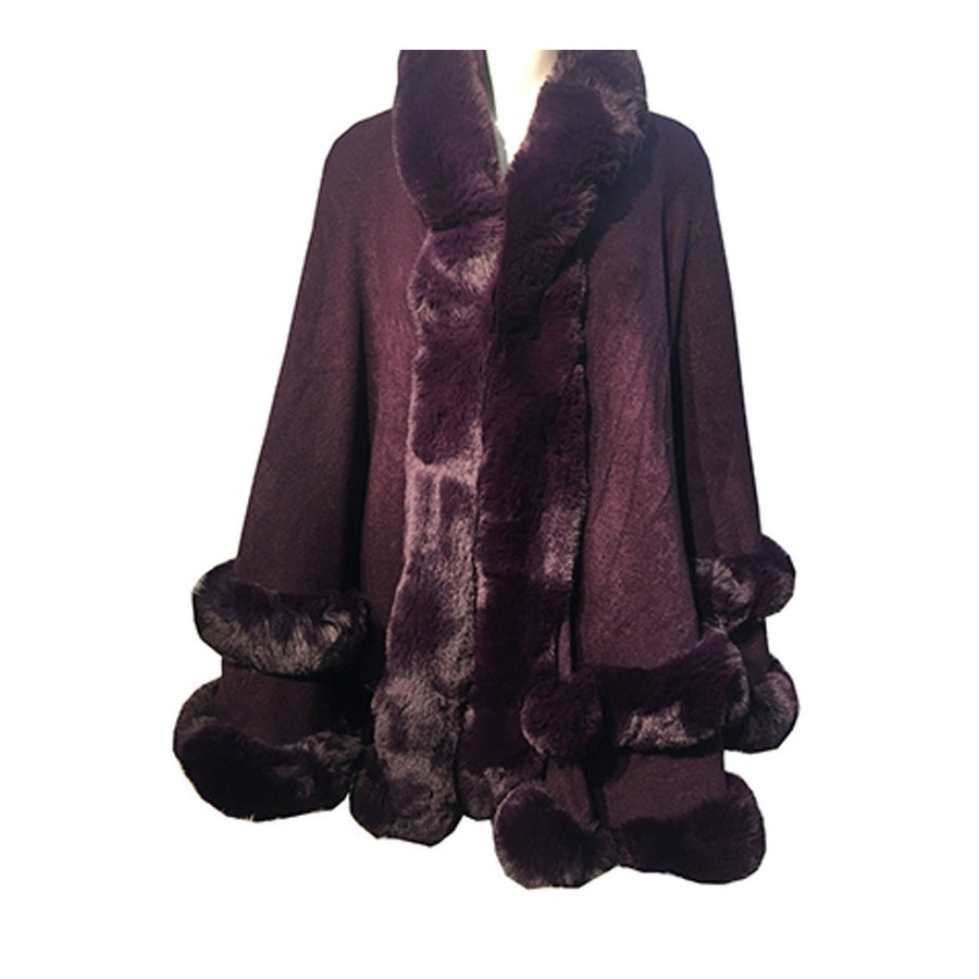 Luxurious Burgundy Faux Fur Trim Cape Wrap