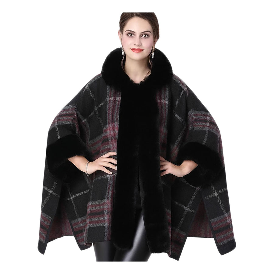 Luxurious Brown Faux Fur Trim Check Cape Coat Poncho