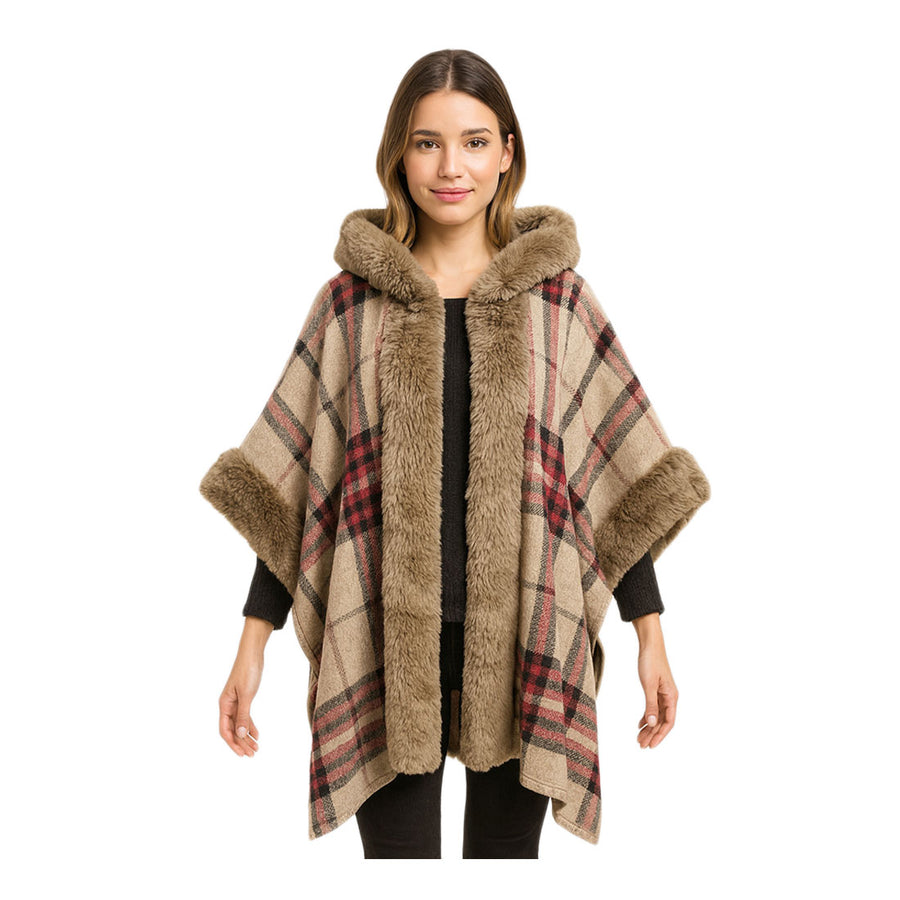 Luxurious Brown Faux Fur Trim Check Cape Coat Poncho