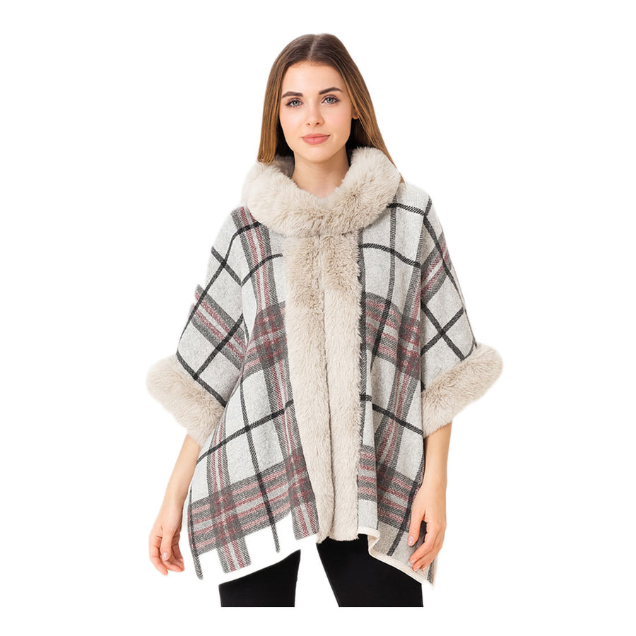 Luxurious Brown Faux Fur Trim Check Cape Coat Poncho