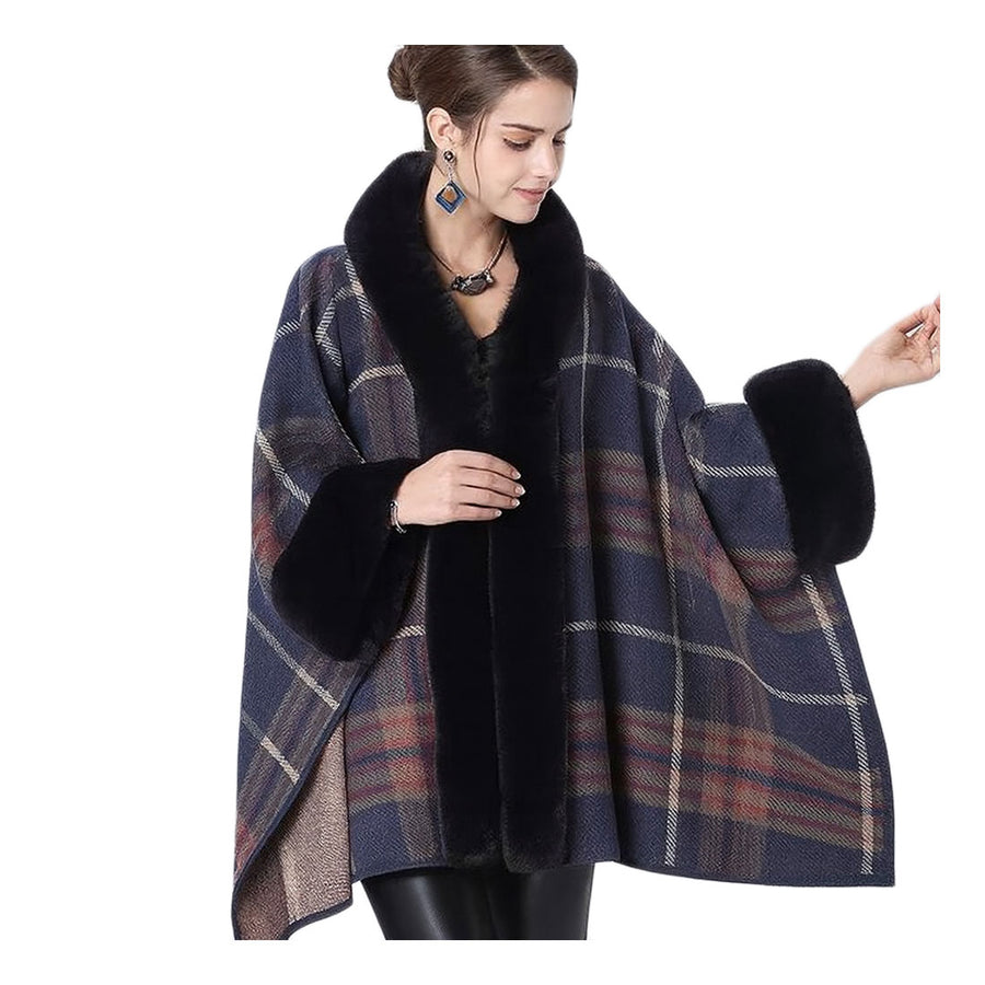 Luxurious Brown Faux Fur Trim Check Cape Coat Poncho