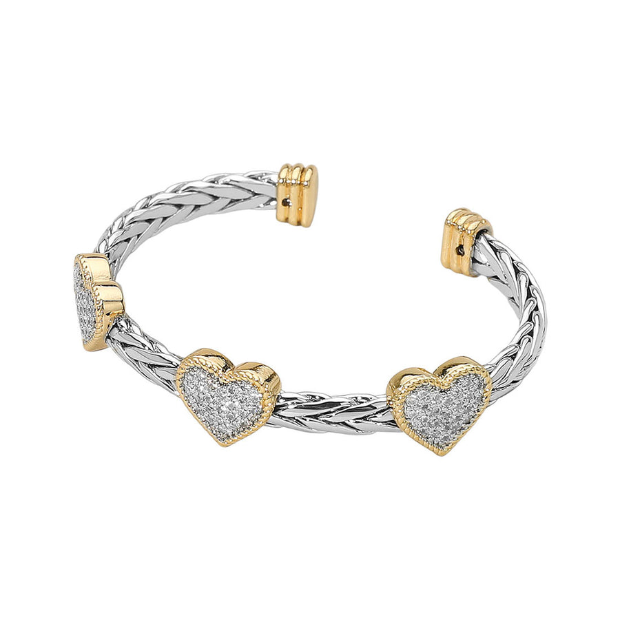 Two Tone CZ Stone Pave Triple Heart Braided Cuff Bracelet