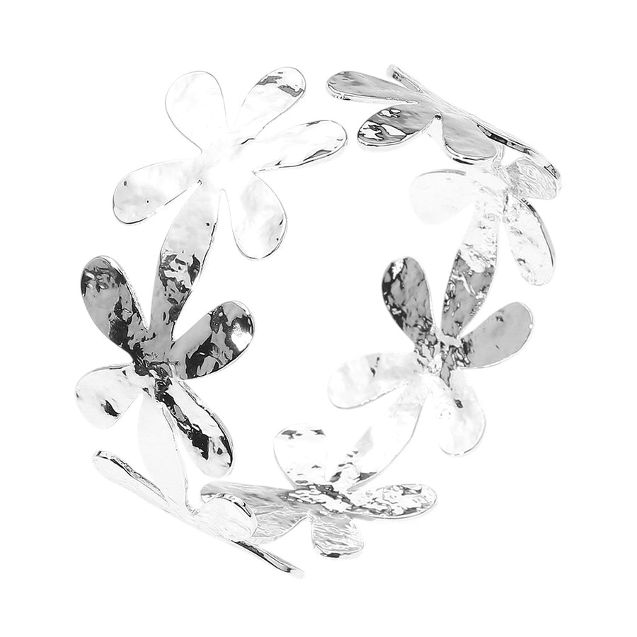 Gold Hammered Metal Flower Cutout Cuff Bracelet