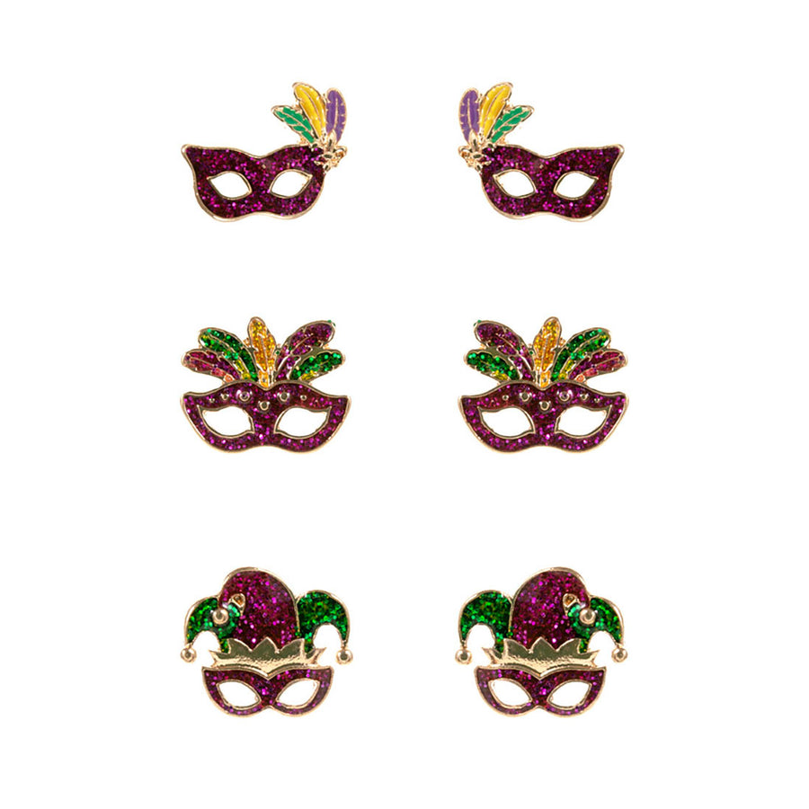 3 In 1 Enamel Mardi Gras Mask Stud Earrings Set