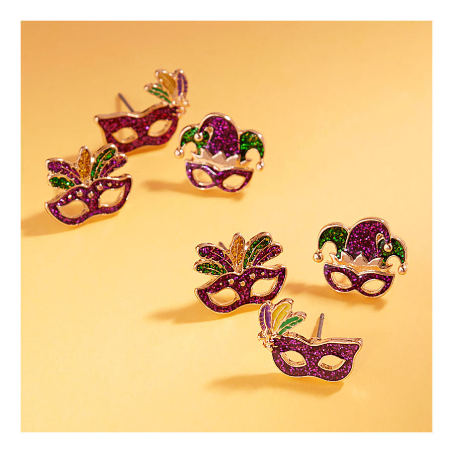 3 In 1 Enamel Mardi Gras Mask Stud Earrings Set