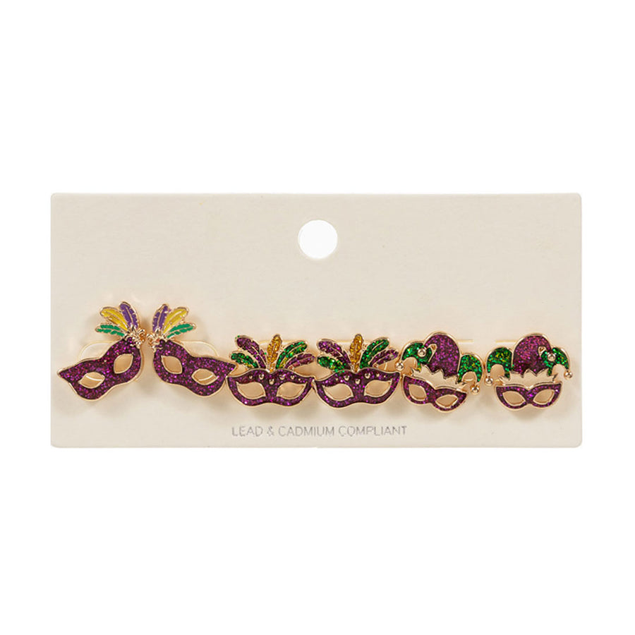 3 In 1 Enamel Mardi Gras Mask Stud Earrings Set