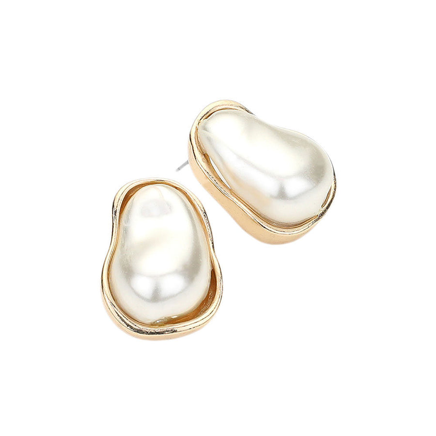 Gold Abstract Pearly Stud Earrings