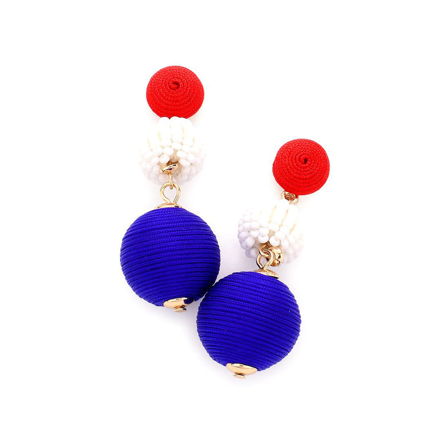 Dazzling Red White Blue Beaded Ball Dangle Earrings