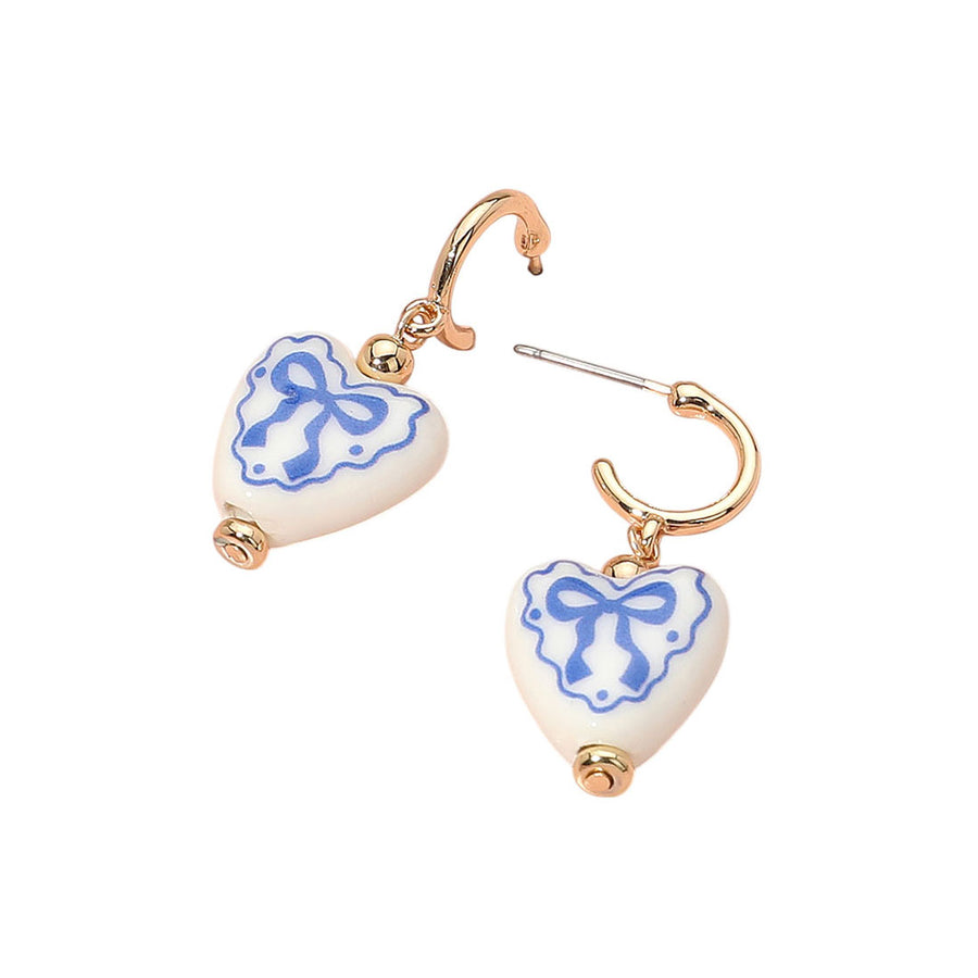 Romantic Blue Ceramic Heart Bow Print Dangle Earrings