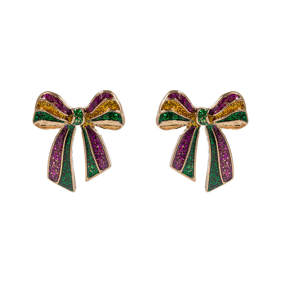 Glitter Multi Mardi Gras Bow Stud Earrings