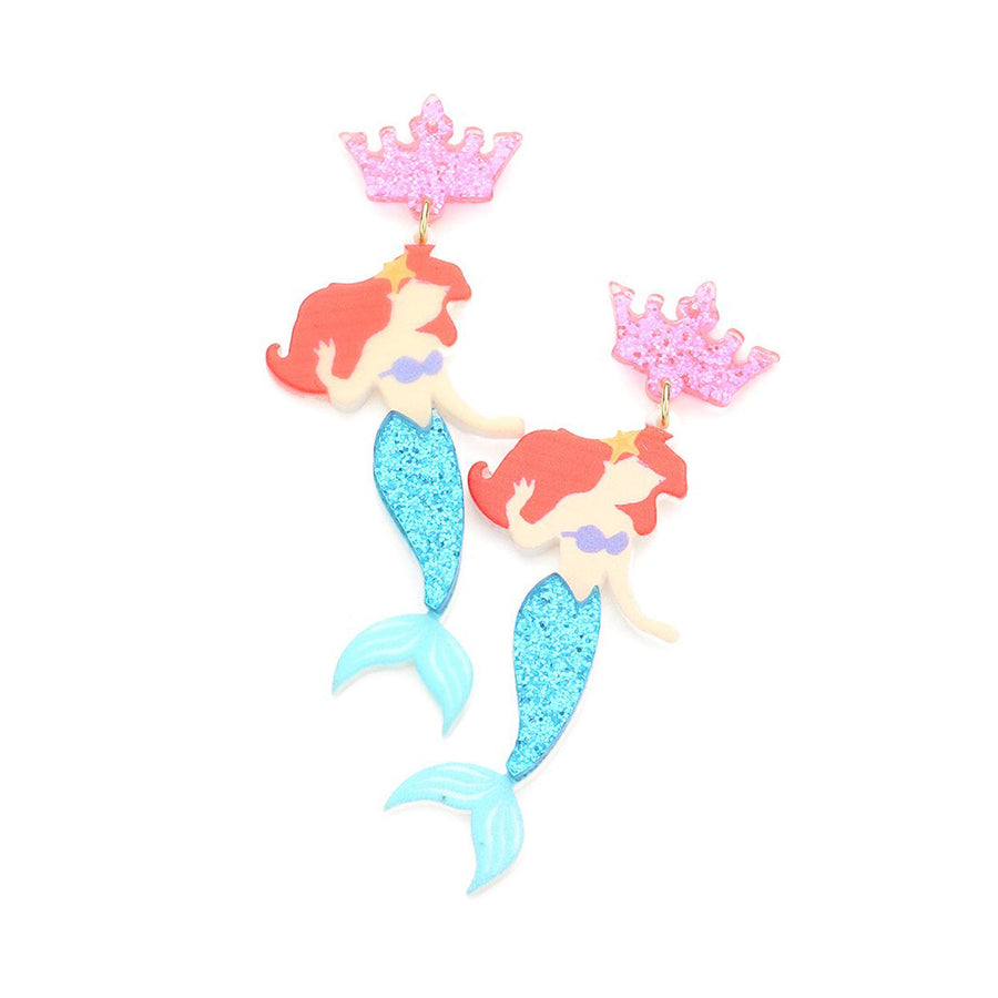 Glittering Resin Crown Mermaid Dangle Earrings