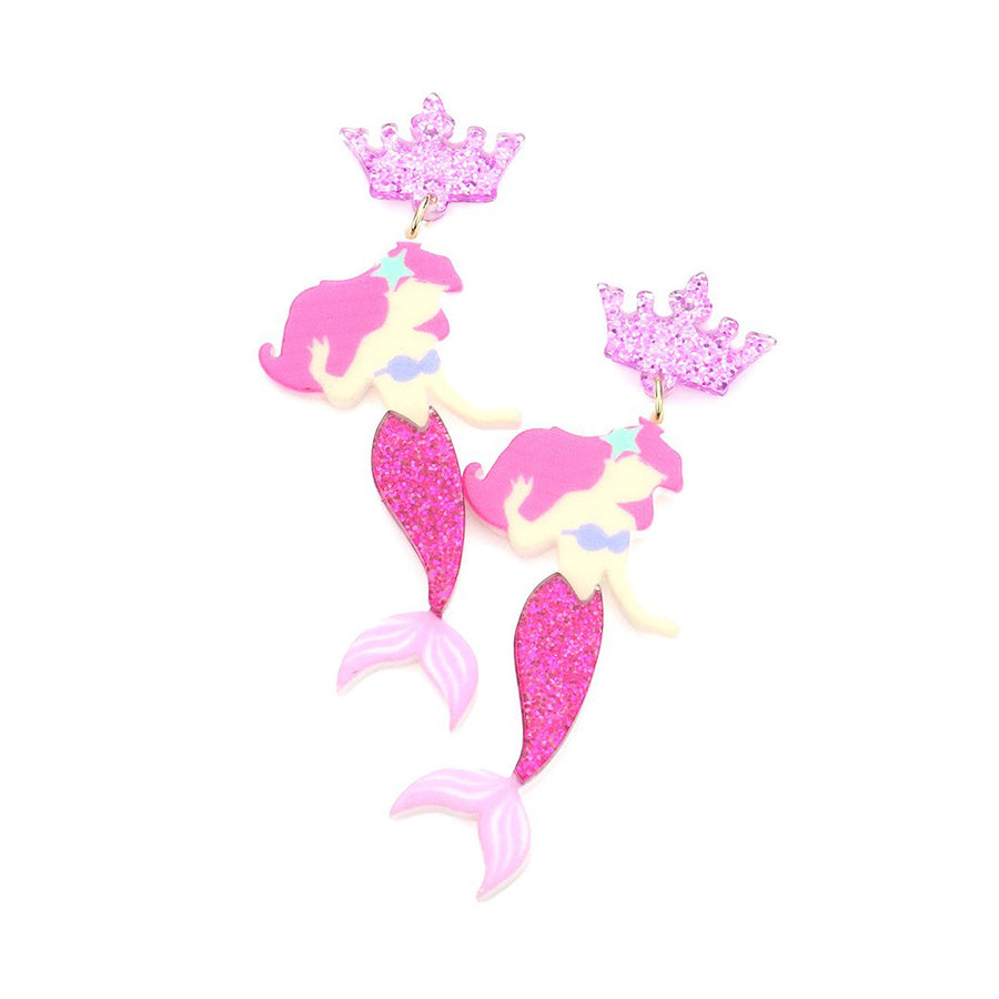 Glittering Resin Crown Mermaid Dangle Earrings