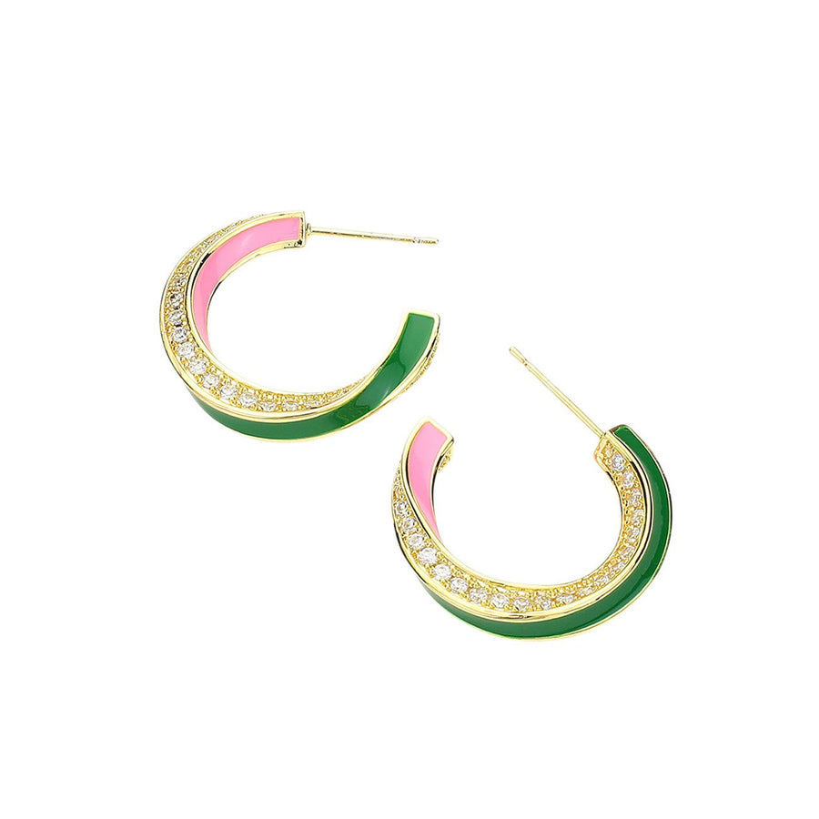 Pink Green Enamel Curved CZ Paved Hoop Earrings