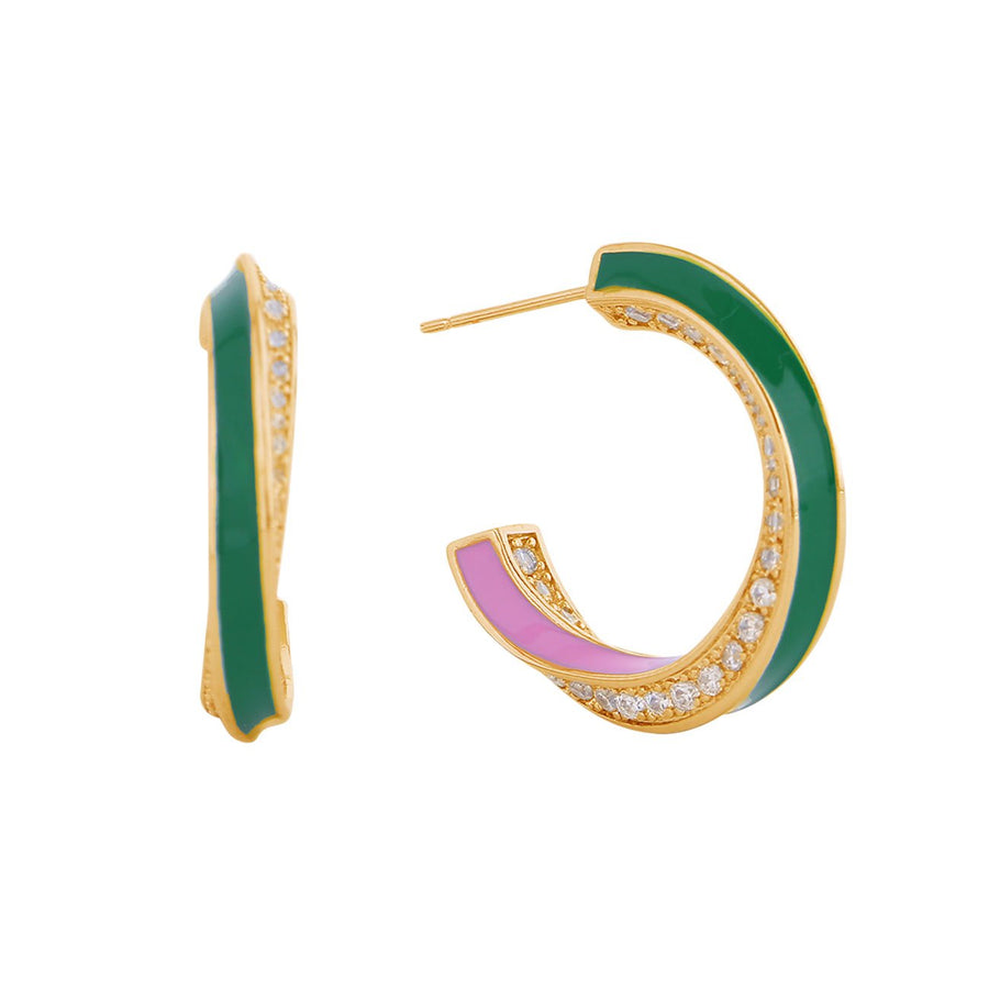 Pink Green Enamel Curved CZ Paved Hoop Earrings