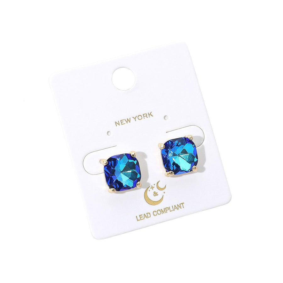 Blue Cushion Square Stone Stud Earrings