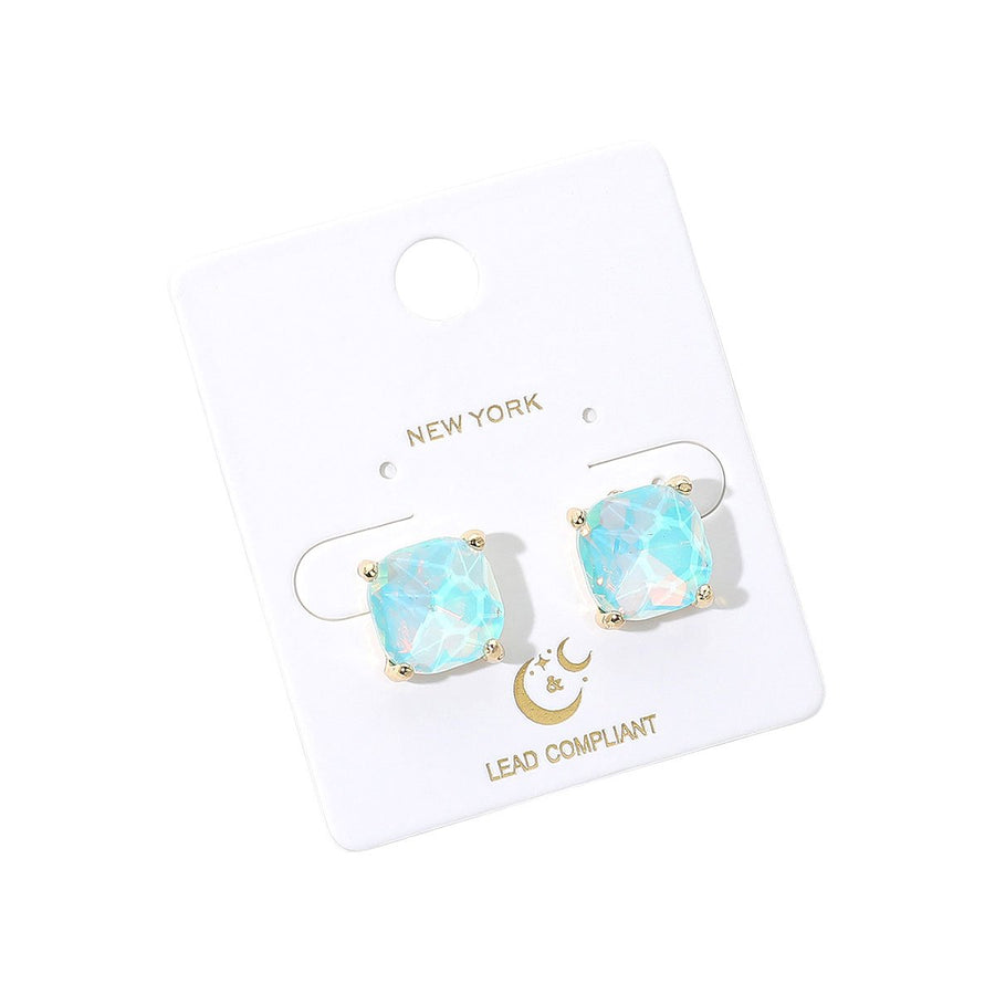 Blue Cushion Square Stone Stud Earrings