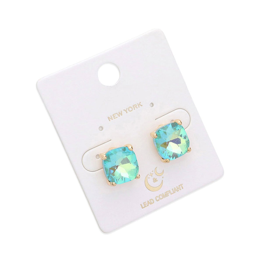 Blue Cushion Square Stone Stud Earrings