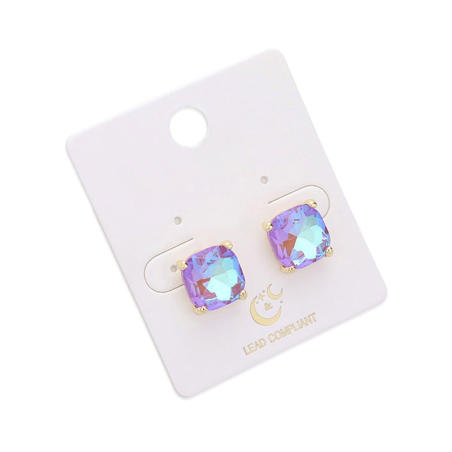 Blue Cushion Square Stone Stud Earrings