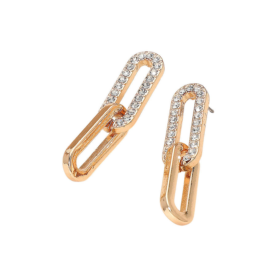 Gold Stone Paved Oval Link Drop Earrings