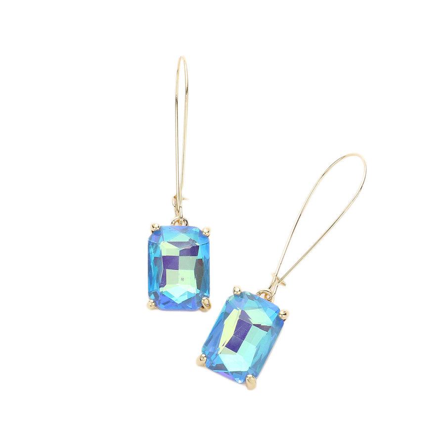 Dazzling Blue Emerald Cut Stone Dangle Earrings