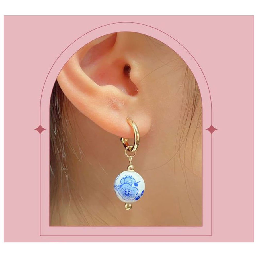 Romantic Blue Floral Ceramic Ball Dangle Earrings