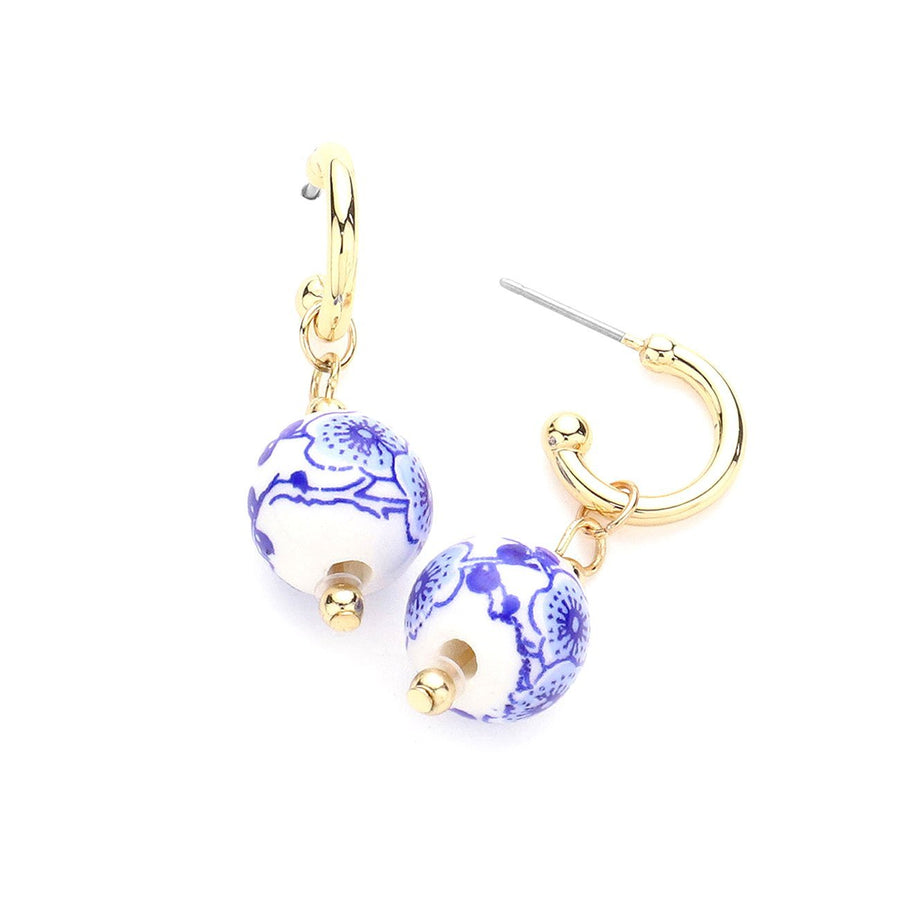 Romantic Blue Floral Ceramic Ball Dangle Earrings