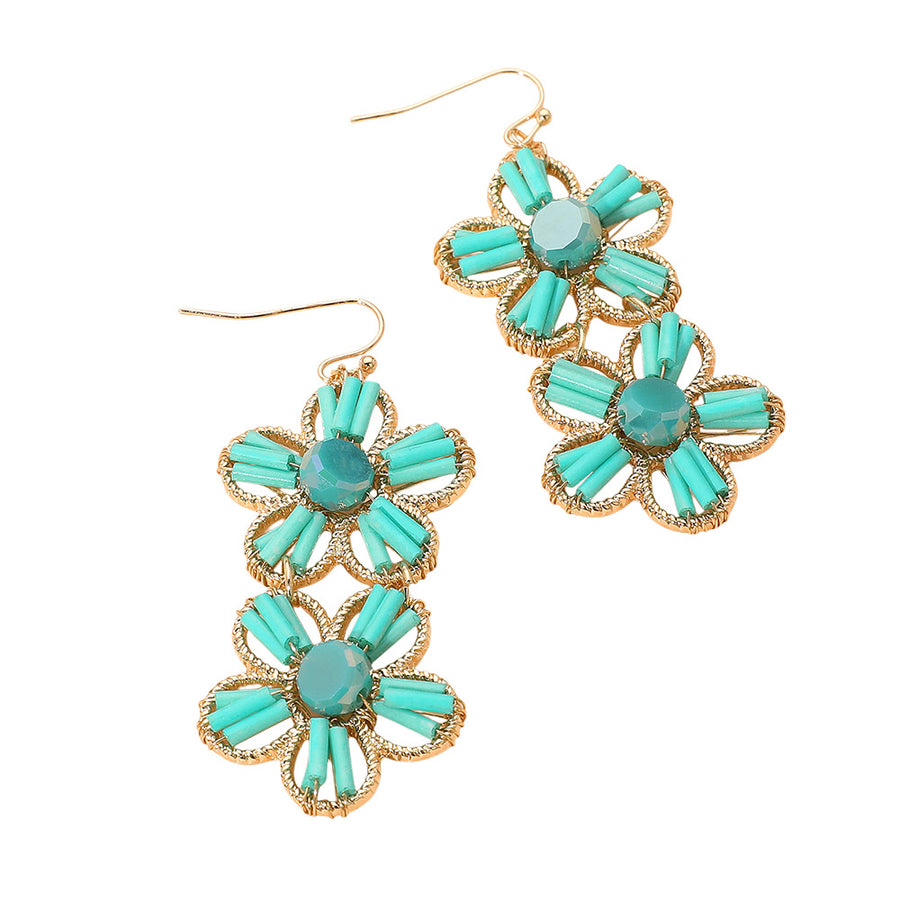 Stunning Turquoise Floral Beaded Link Dangle Earrings