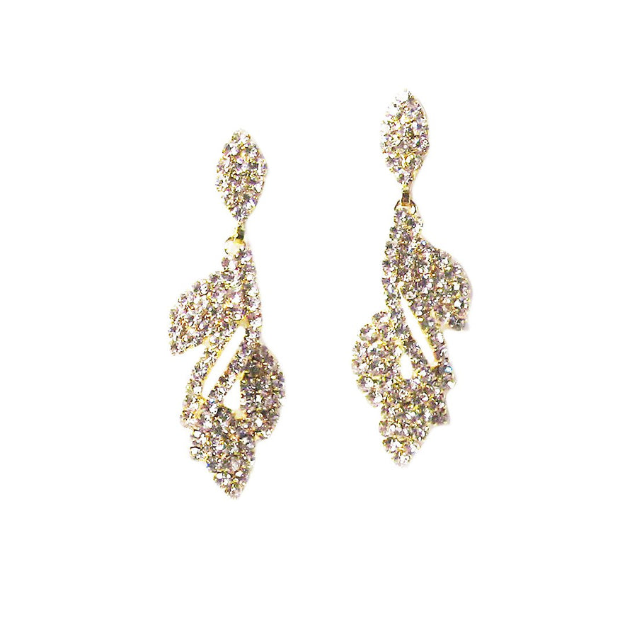 Sparkling Gold Crystal Leaf Dangle Statement Earrings