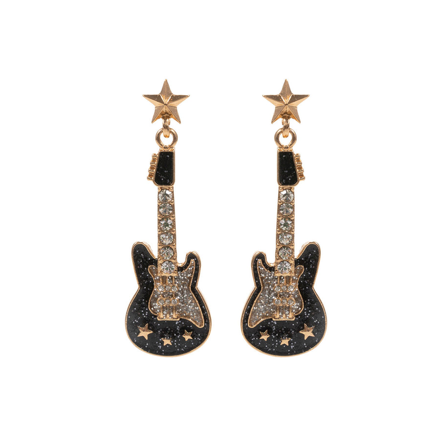 Glittering Enamel Pink Guitar Dangle Earrings