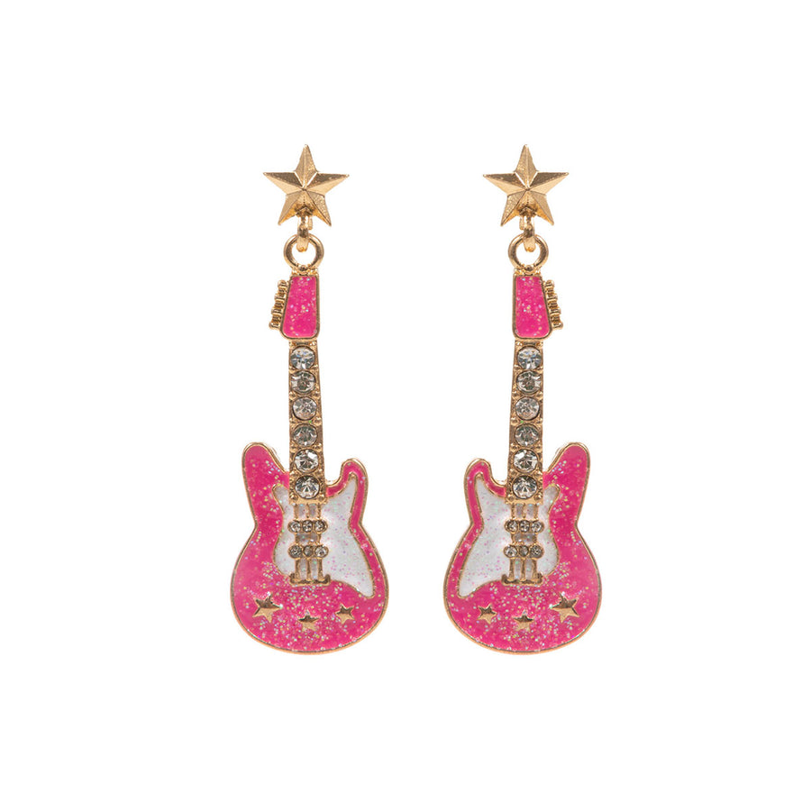 Glittering Enamel Pink Guitar Dangle Earrings