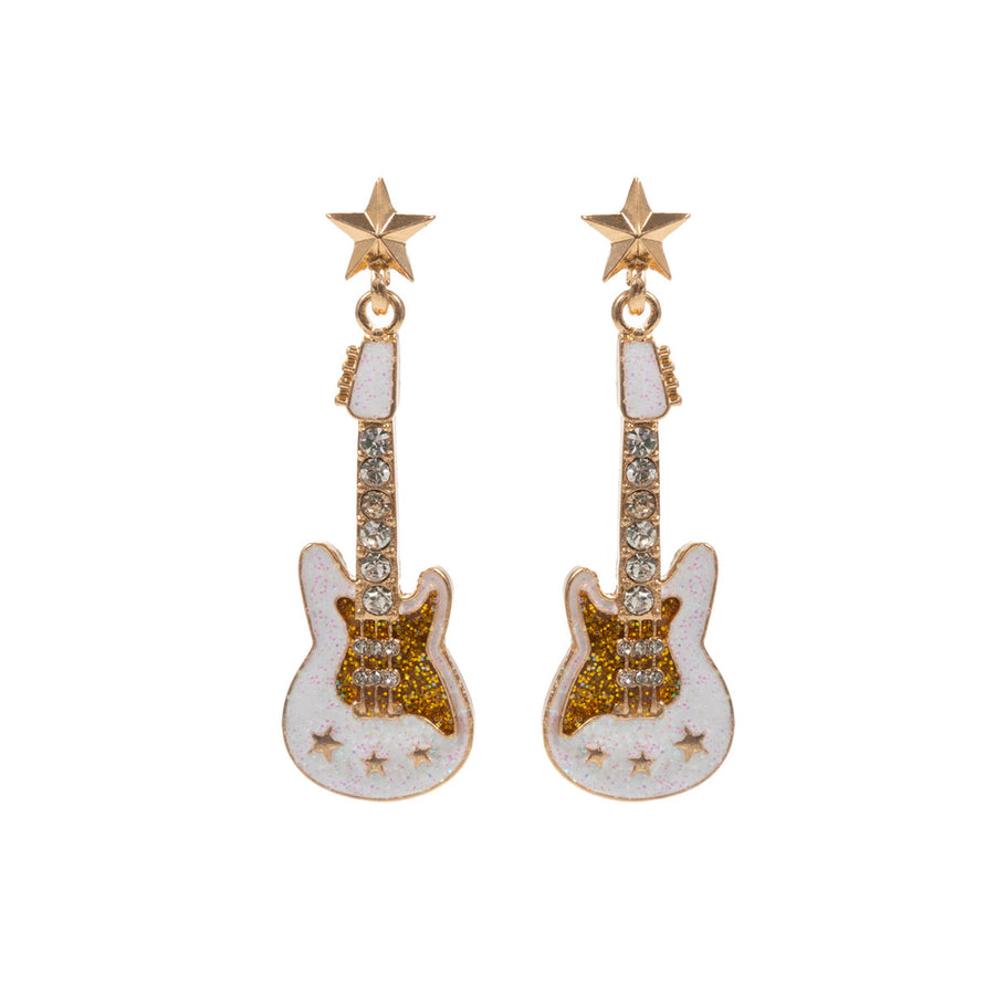 Glittering Enamel Pink Guitar Dangle Earrings