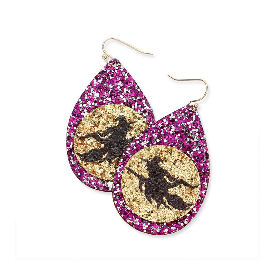 Glittering Purple Halloween Witch Teardrop Dangle Earrings