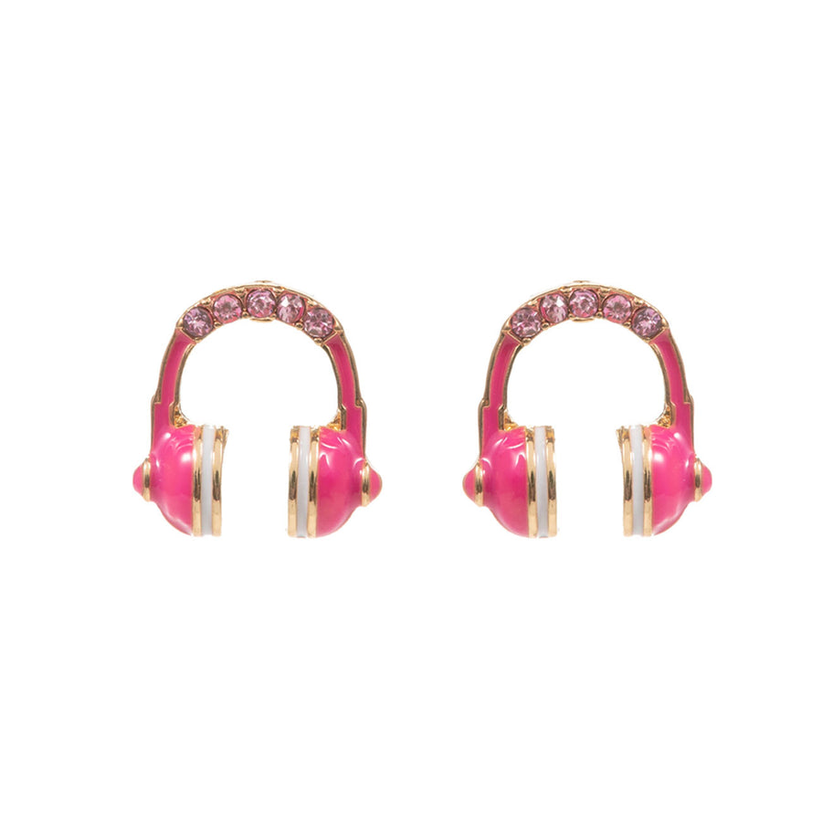 Pink Enamel Stone Paved Headphone Stud Earrings