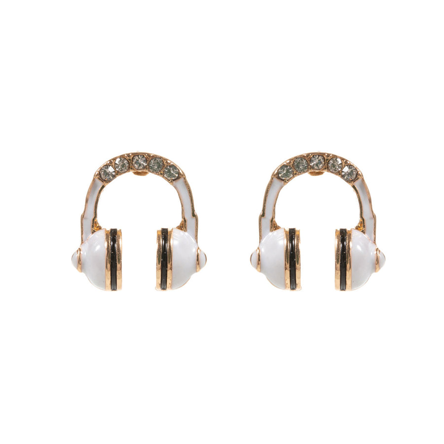 Pink Enamel Stone Paved Headphone Stud Earrings