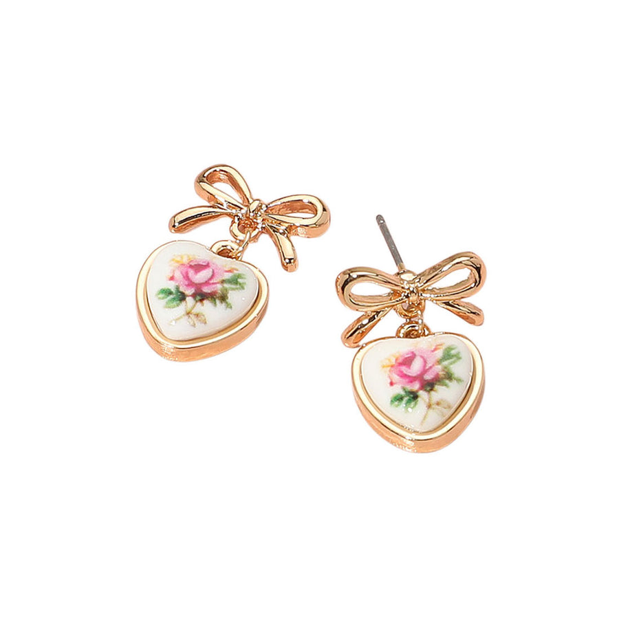 Romantic Pink Floral Heart Ceramic Dangle Earrings