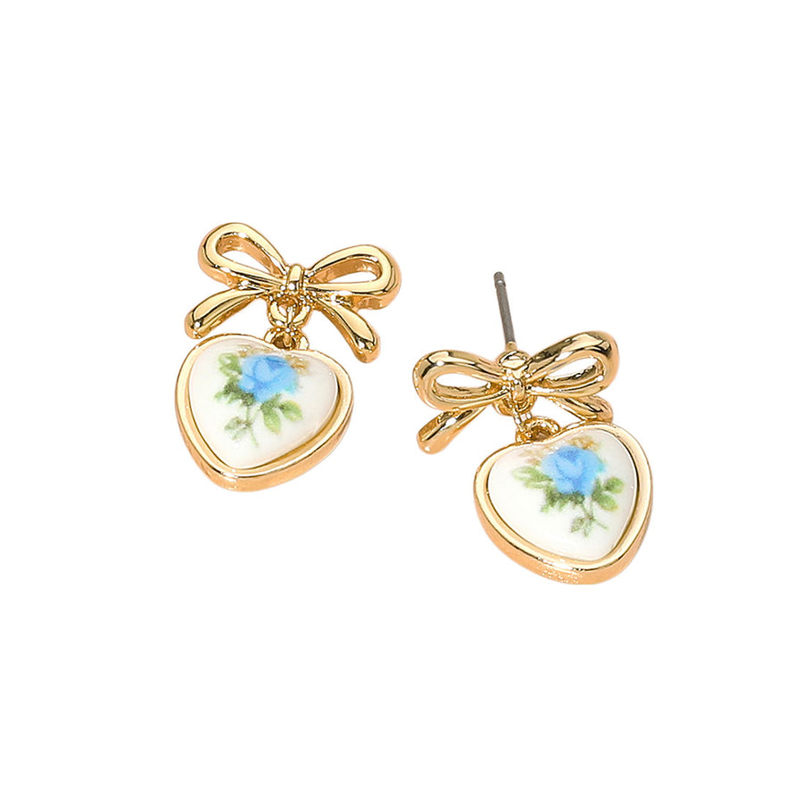 Romantic Pink Floral Heart Ceramic Dangle Earrings