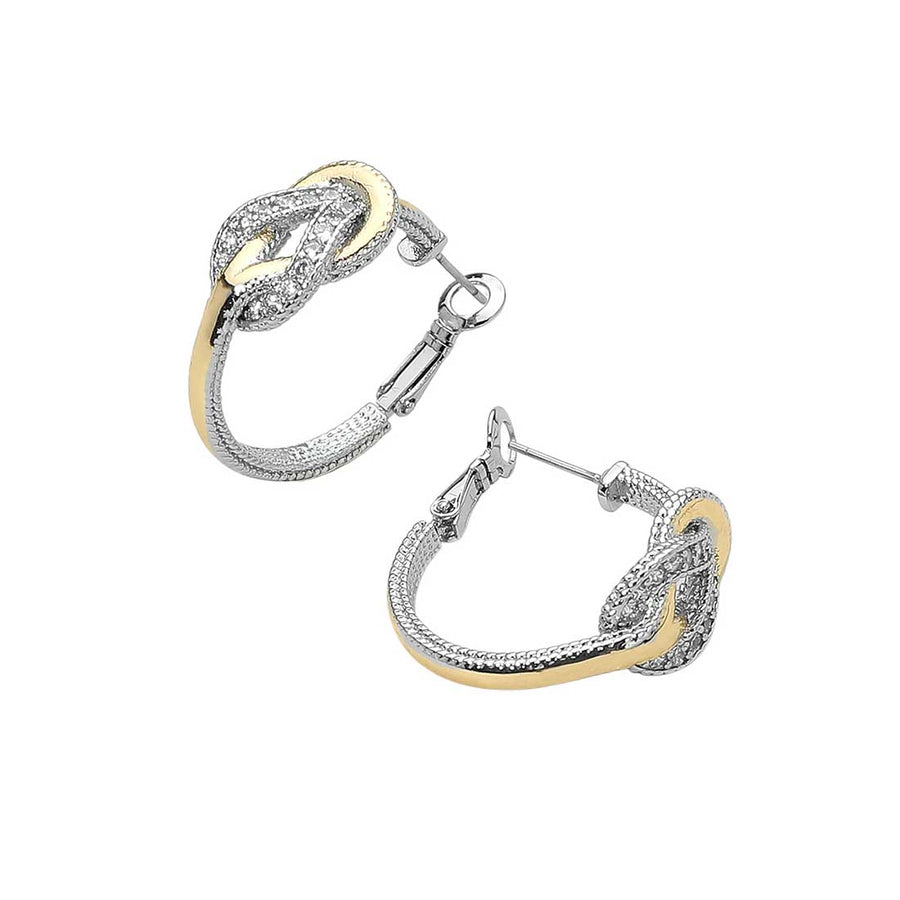 Two Tone CZ Stone Paved Knot Hoop Earrings