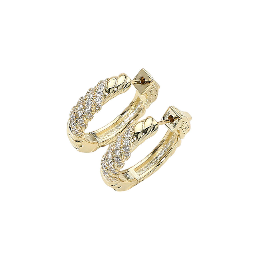 Gold CZ Stone Paved Twisted Huggie Hoop Earrings