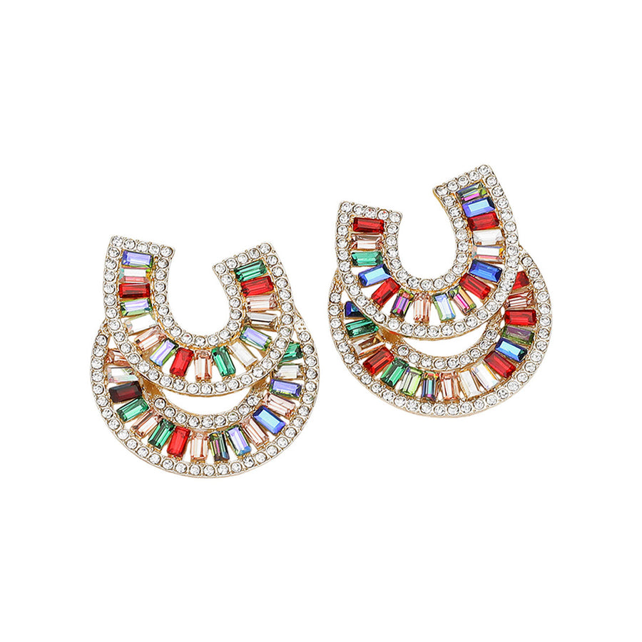 Multi Color Embellished Stone Double Horseshoe Earrings