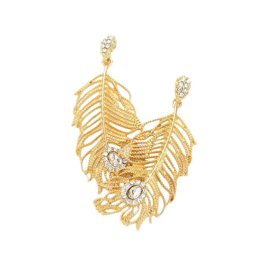 Gold Rhinestone Embellished Metal Feather Dangle Earrings