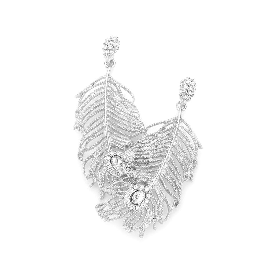 Gold Rhinestone Embellished Metal Feather Dangle Earrings