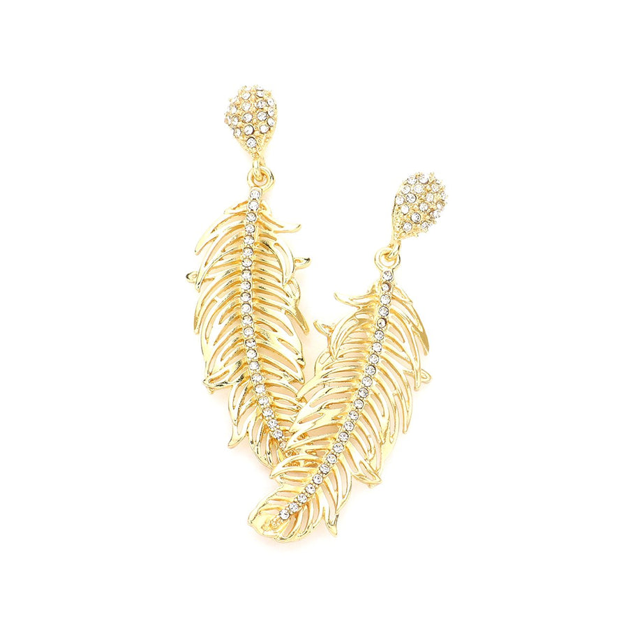 Silver Rhinestone Embellished Metal Feather Dangle Earrings