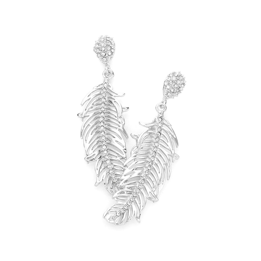 Silver Rhinestone Embellished Metal Feather Dangle Earrings