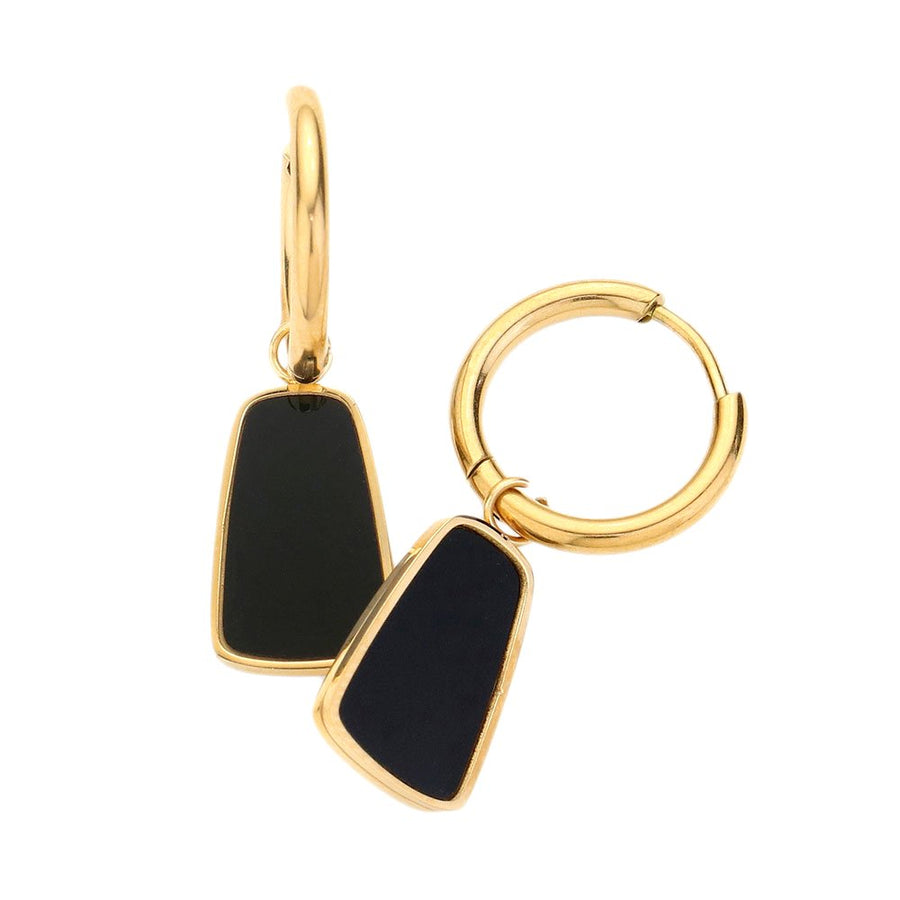 Stainless Steel Black Enamel Charm Dangle Earrings