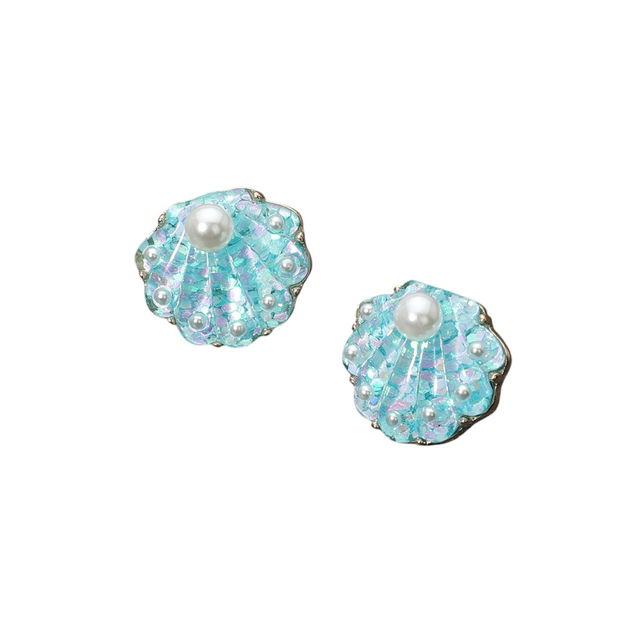 Light Blue Pearl Confetti Glittered Seashell Stud Earrings