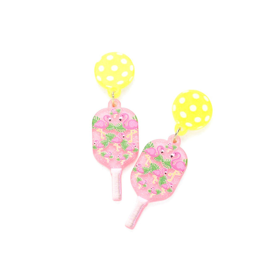 Mint Resin Flamingo Pickleball Racket Dangle Earrings